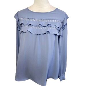 Ann Taylor Loft Womens Eyelet Lace Blouse Sz Medium Blue  Ruffled Sheer Top